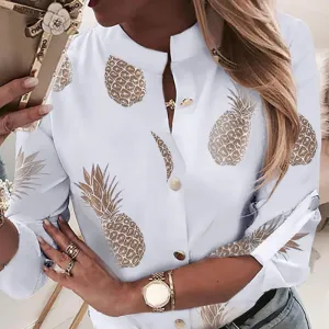 Blouse Women's Shirt Ananas White Long Sleeve