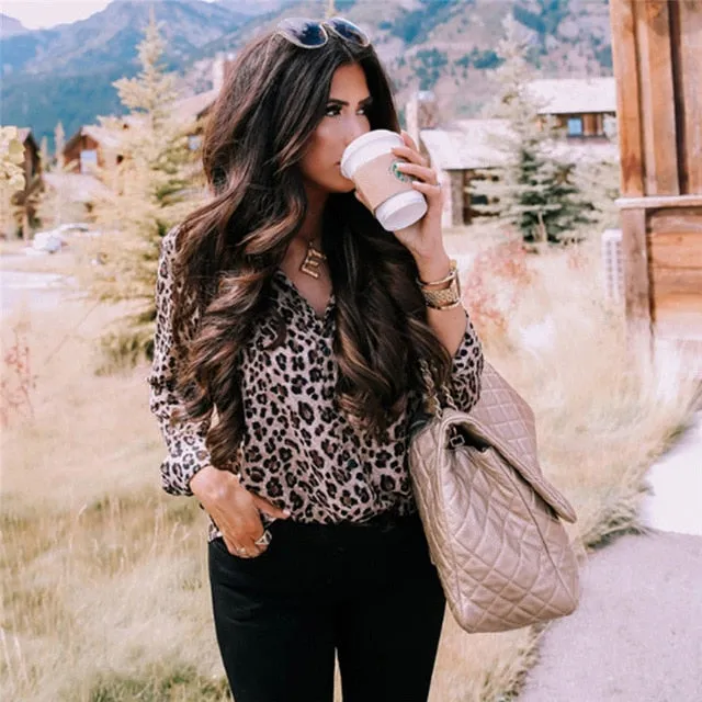 Fashion Women Long Sleeve Leopard Blouse V neck Shirt