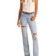 ROCK & ROLL DENIM High Rise Light Wash Distressed Bootcut Jeans