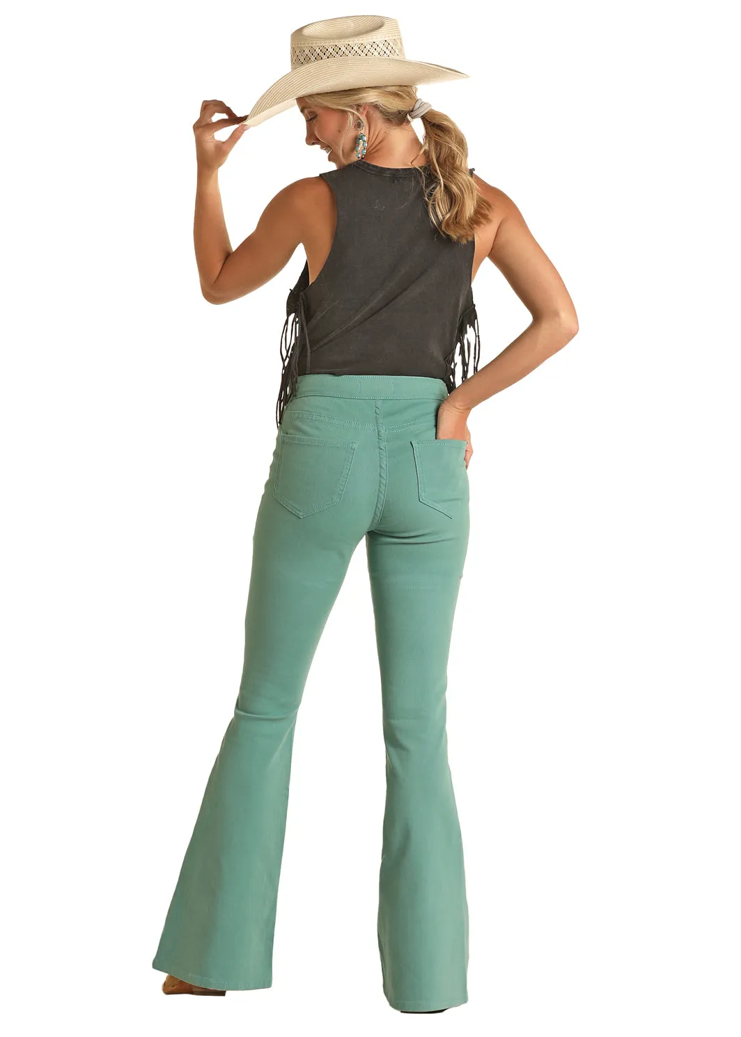 Rock & Roll Denim Ladies Turquoise Button Flare Jean